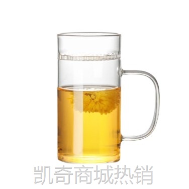 批发玻璃茶杯带漏绿茶杯 加厚泡茶杯办公室花茶过滤月牙杯