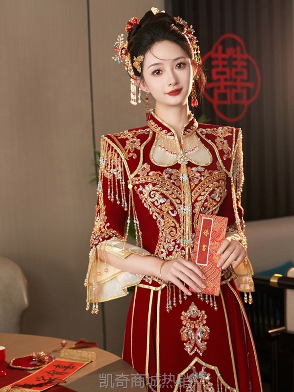 丝绒秀禾服2024新款结婚婚纱中式新娘服龙凤褂婚服中国风秋冬